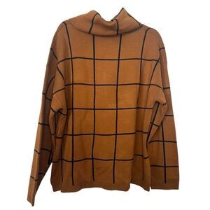 Cupshe Grid Knit Turtleneck Pullover Sweater Brown Black Medium